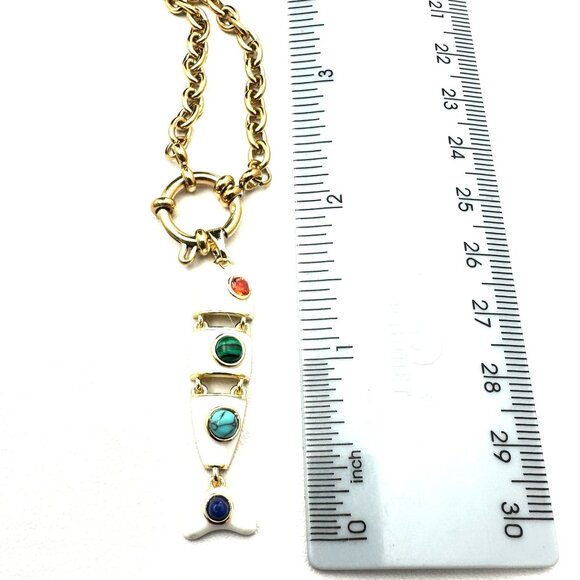 Multi-Gemstone White Enamel Fish Pendant Necklace 18K Gold Plated Chain 17 Inch - Picture 5 of 9